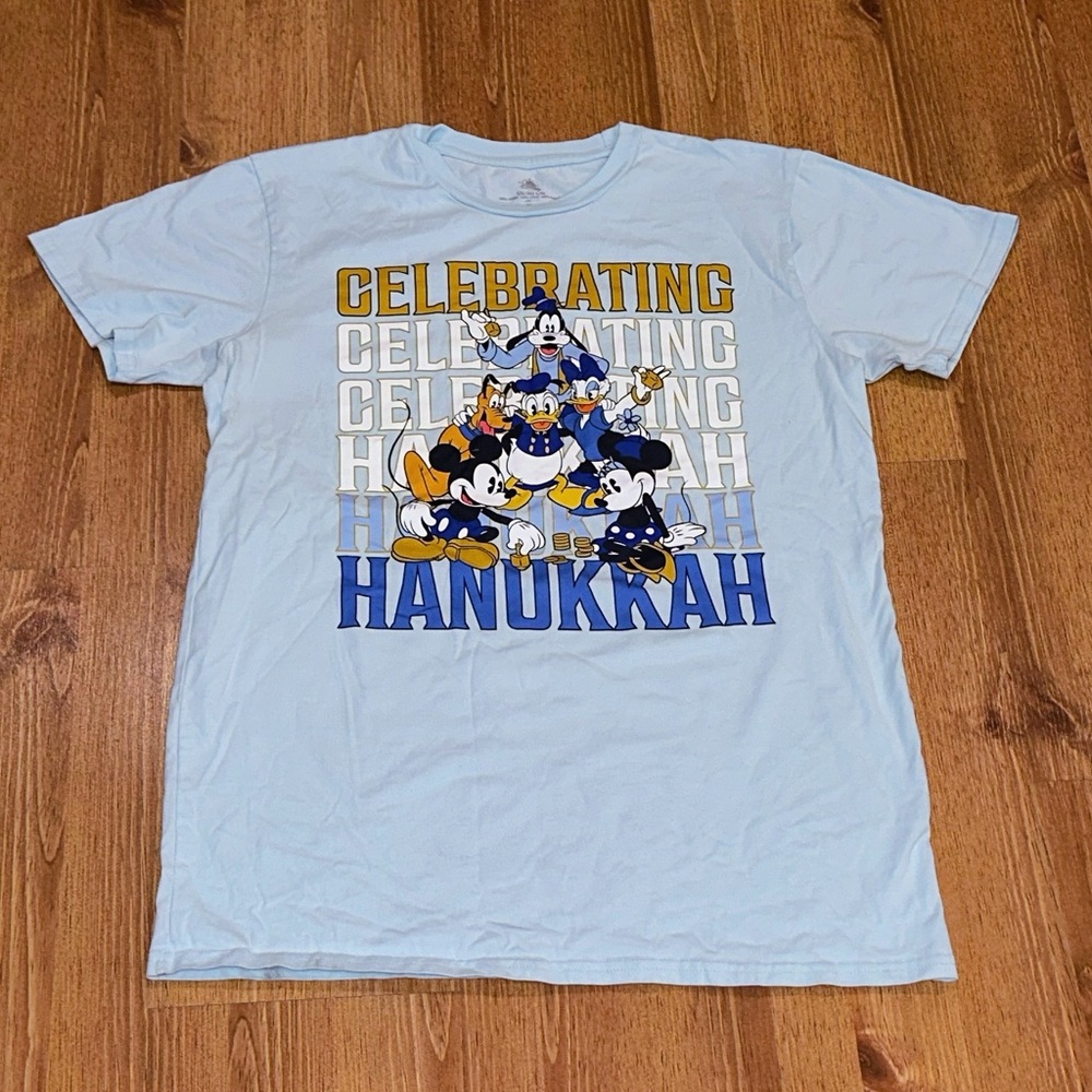 Disney Mickey Mouse & Friends Hanukkah Adult Blue Tee Shirt Large 100% Cotton